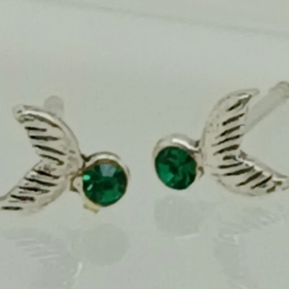 Sterling Silver 925 Mermaid Tail Stud Earrings Green Crystal Nautical Jewelry‎